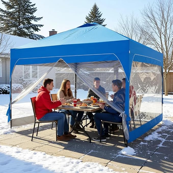 10x10FT Canopy Tent, 1-Button Push Instant Pop Up Canopy with 4 Sandbags, Easy Setup Outdoor Gazebo Shelter (Blue, 10x10 with PVC Sidewalls)