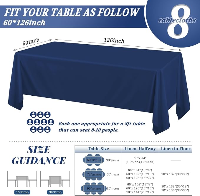 8 Pack 60 x 126 Inch Rectangle Tablecloth, Navy Blue Tablecloth for 8 Feet Rectangle Tables, Stain and Wrinkle Resistant Washable Fabric Table Cloth for Wedding Dining Table Buffet Parties Camping