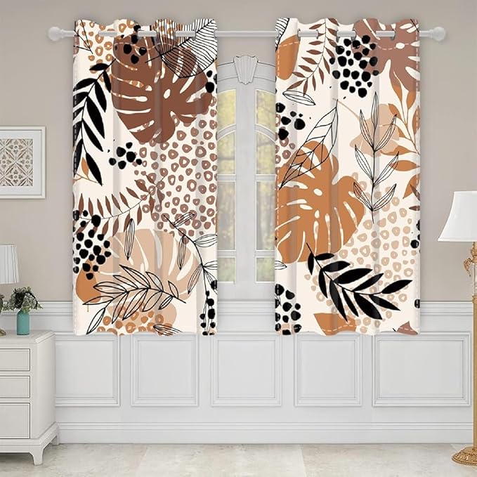 Mid Century Boho Leaves Window Curtains Palm Leaf Modern Abstract Art Curtain Drapes Boho Kitchen Curtains Window Treatment Sets Living Bedroom Dining Room Home Decor,42x84 inch,2 Panels