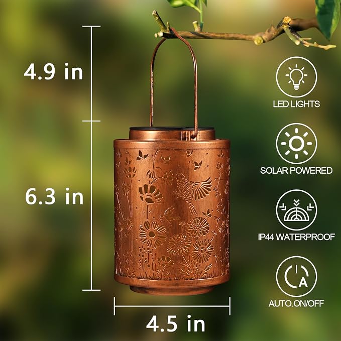 Solar Lanterns Garden Decor Birthday Gifts for Women Mon Grandma Metal Hanging Solar Lights Waterproof Outdoor Decoration for Outside LED Lanterns for Yard Patio Lawn (Birds)