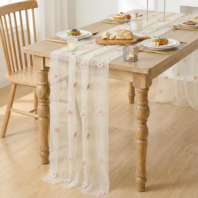 Artoid Mode Pink Flower Pearl White Gauze Table Runner 10FT 6PC, Seasonal Sheer Dining Holiday Wedding Birthday Baby Shower Table Decor for Home Party