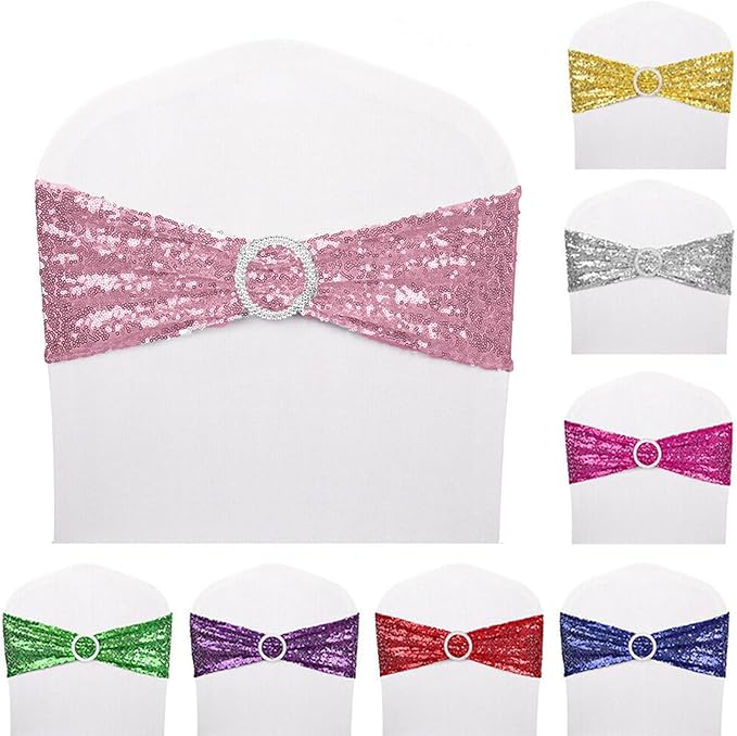 10 PCS Stretch Sequin Chair Sashes Chair Stretchy Spandex Bands for Wedding Reception Events Banquets Chairs Decoration (Pink)