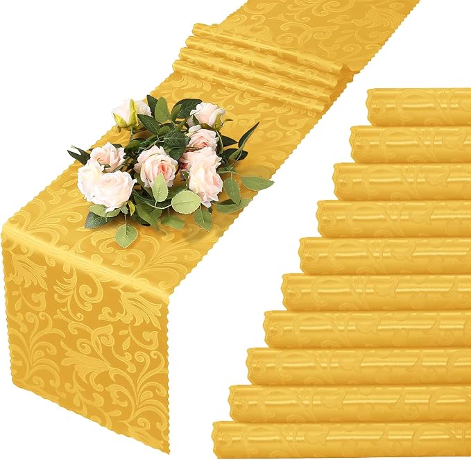 MILVOWOC 12 Pack Gold Satin Table Runner, 12 x 72 Inch Jacquard Damask Rectangle Decorative Table Runner for Party Banquet Birthday Dinner Wedding
