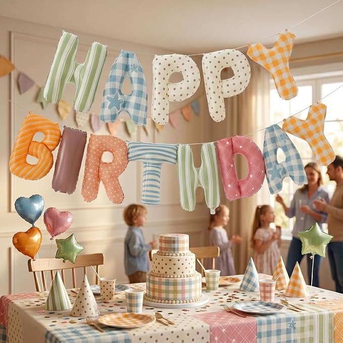 Colorful Happy Birthday Banner Foil Letter Balloon, 14 Inch 3D Plaid, Polka Dots, Stripes Patterned Reusable Mylar Foil Letters, Birthday Decorations (Birthday Banner 1)