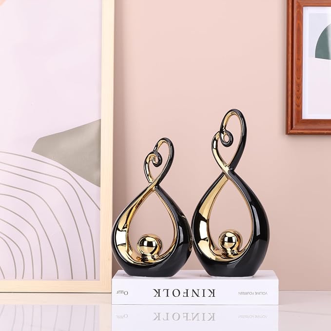 Black Decor Accent, Porcelain Art Mid Century Modern Black and Gold Decorations, Dining Table Objects, Abstract Ceramic Statue Sculpture - for Bookshelf Tv Stand Centerpiece Centro De Mesa