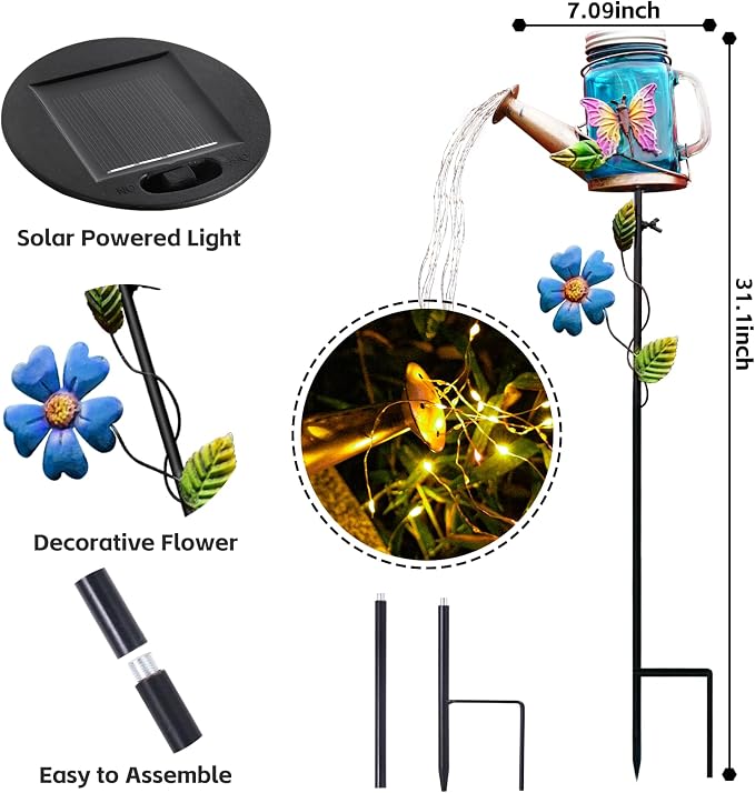 SRNPMIU Solar Watering Can Light, Yard Outdoor Decor Lights, IP65 Waterproof, Hanging Butterfly Garden Light, Outside Garden Flower Bed Decor, Women Gift, Birthday Gifts