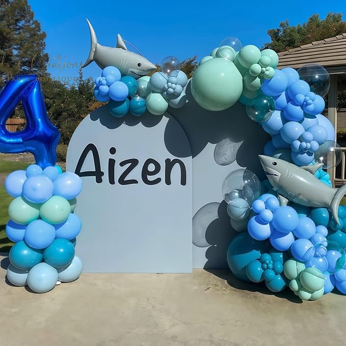 Under the Sea Balloons Garland Arch Kit, 123pcs Dusty Blue Teal Pastel Green Metallic Blue Green Ocean Balloon with Transparent Balloons for Shark Baby Shower Sea Animal Birthday Party Decorations
