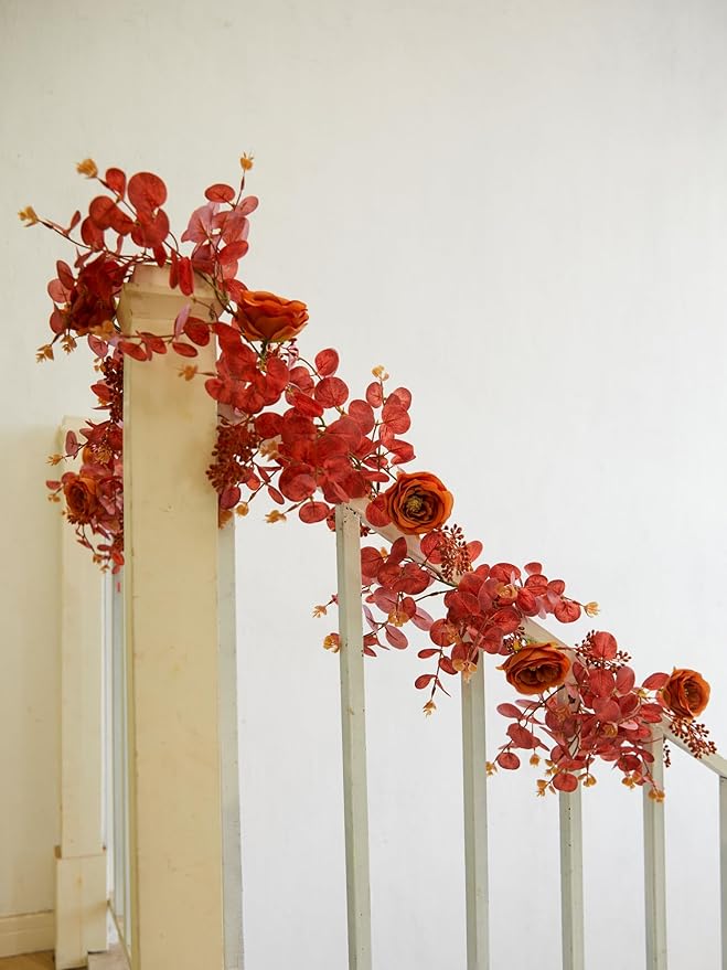 PARTY JOY 6.56ft Fall Decor Orange Eucalyptus Garland with Flowers 8 Orange Roses, Fall Garland Artificial Fake Flowers Floral Vines for Autumn Decor Fall Decorations for Home Indoor Outdoor