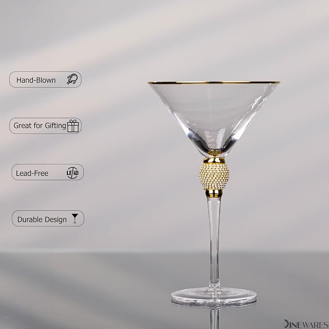 2 Piece Premium Clear Stem Crystal Martini Glasses with Gold Rim and Diamond-like Rhinestones, Elegant 10oz Glassware Set for Cosmopolitan, Vodka, Gin and Other Cocktails, Fancy Manhattan Drinkware
