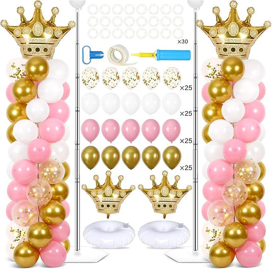 2 Sets Princess Party Balloon Column Stand Kit With 102 Crown Foil Balloons 5.57Ft Adjustable Balloon Tower Stand With Base Pink and Gold Arch Column for Girls Birthday Baby Shower Party Supplies