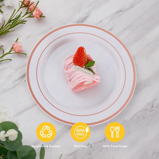 Goodluck 200PCS Rose Gold Plastic Plates, Heavy Duty Disposable Rose Gold Plates with 100 10.25 inch Dinner Plates and 100 7.5 inch Dessert Plates, Disposable Plates for Party, Wedding, Valentines