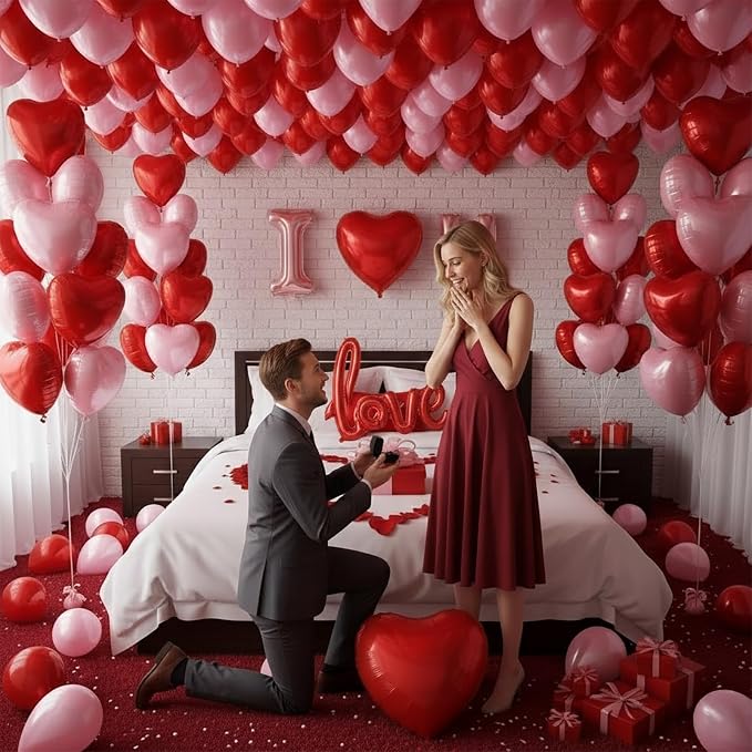 I Love You Balloons Red and pink romantic balloon kit with and pink heart Red LOVE mylar balloons Red rose petals for hotel Decorations Valentines Party wedding anniversary supplies