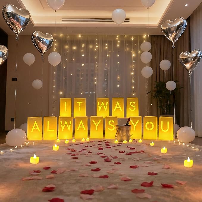 Valentines Day Decorations - It was Always You Light Up Letters Luminary Bags, Romantic Decorations Special Night with Bright LED Candles and Fake Rose Petals, Engagement Party & Proposal Decor kit