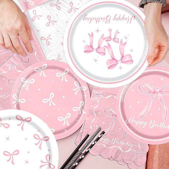Pink Bow Birthday Party Supplies Serve 24, Coquette Birthday Decorations Include Bow Plates Napkins Cups Banner Tablecloth Cake Topper Balloons Bow Theme Tableware for Girls Bachelorette Decor