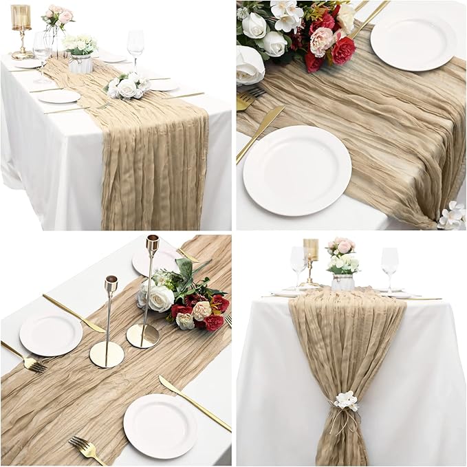 15 Pack Beige Cheesecloth Table Runner 10Ft Rustic Gauze Cheese Cloth Table Runner 35 x120 Inch Romantic Boho Table Runners for Wedding Birthday Party Bridal Baby Shower Engagement Banquet Table Décor