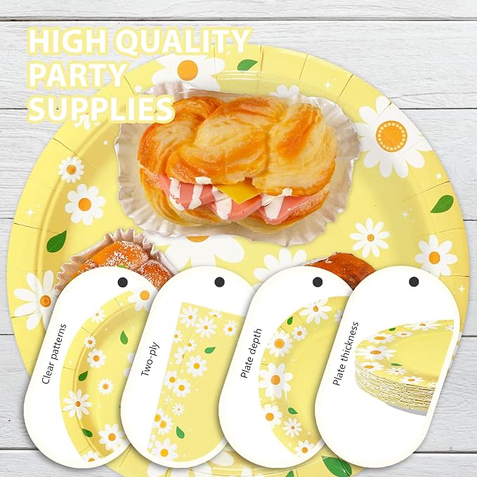 168Pcs Daisy Birthday Decoration Yellow Daisy Plates and Napkins Spring Summer Yellow Flower Tableware Set for Birthday Baby Shower Bridal Shower Wedding Party Supplies, Serves 24