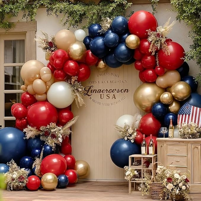 Red Blue Balloon Garland, Double Stuffed Navy Blue Red White Sand Pearl Balloon Arch Kit Nude Gold Balloons for Baby Shower Birthday Wedding Graduation Independence Day Party Decorations