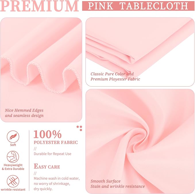 Showgeous 4 Pack Pink Tablecloth 60 x 102 Inch, Rectangle Table Cloth for 6 Foot Table, Wrinkle Resistant Washable Polyester Table Cover for Wedding Dining Table Buffet Parties and Camping