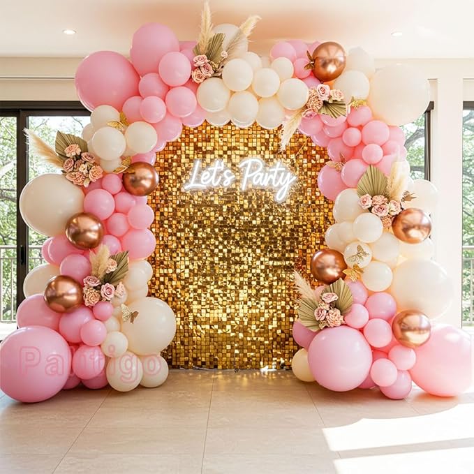 Pink Ivory Rose Gold Balloon Arch Kit – Double Stuffed Light Pink Cream White Balloons with Gold Butterflies for Baby Shower, Bridal, Birthday, Princess, Engagement, Garden Party Decorations