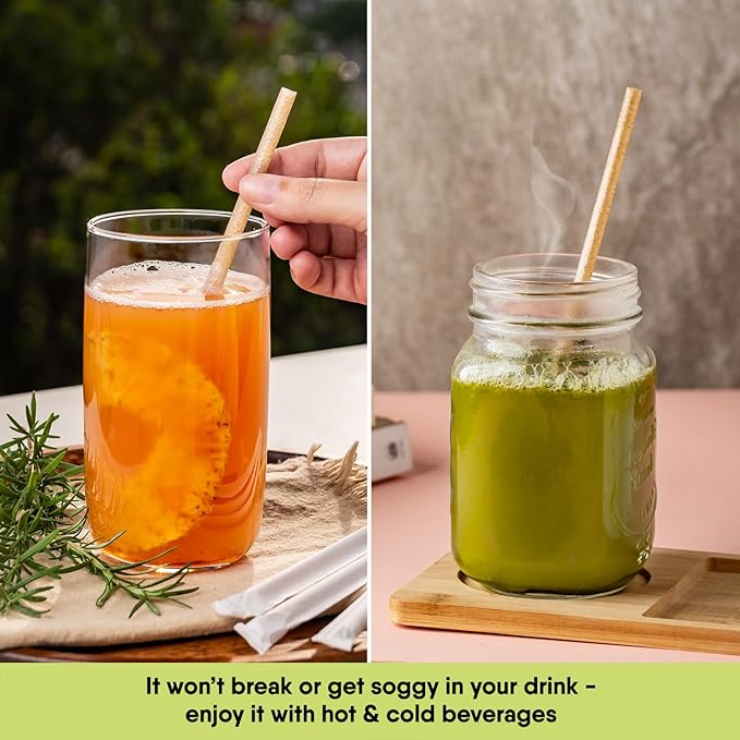 The Veggie Straws – 100 PCS of 8.25 Inches Individually Wrapped Biodegradable Straws – Made of Vegetable Fibers, Best Environment Friendly Drinking Straws for Hot and Cold Beverages