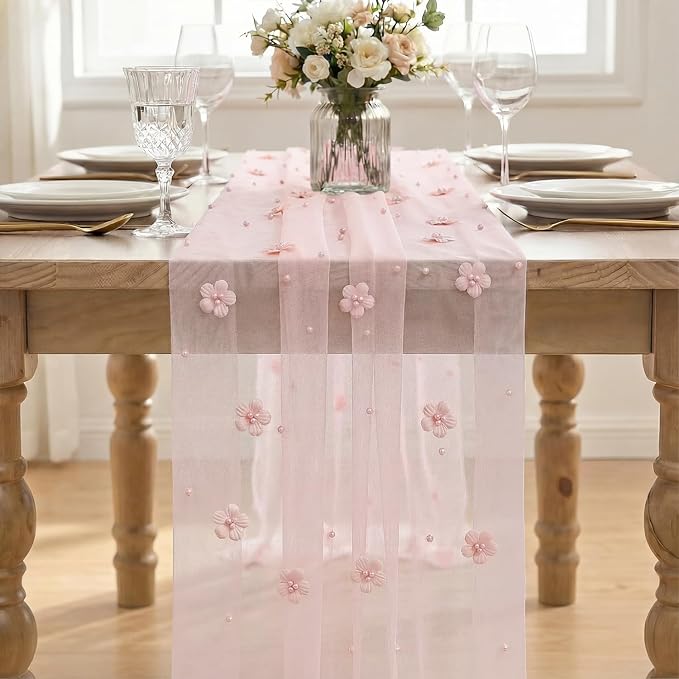 Artoid Mode Pink Flower Pearl Pink Gauze Table Runner 10FT 6PC, Seasonal Sheer Dining Holiday Wedding Birthday Baby Shower Table Decor for Home Party