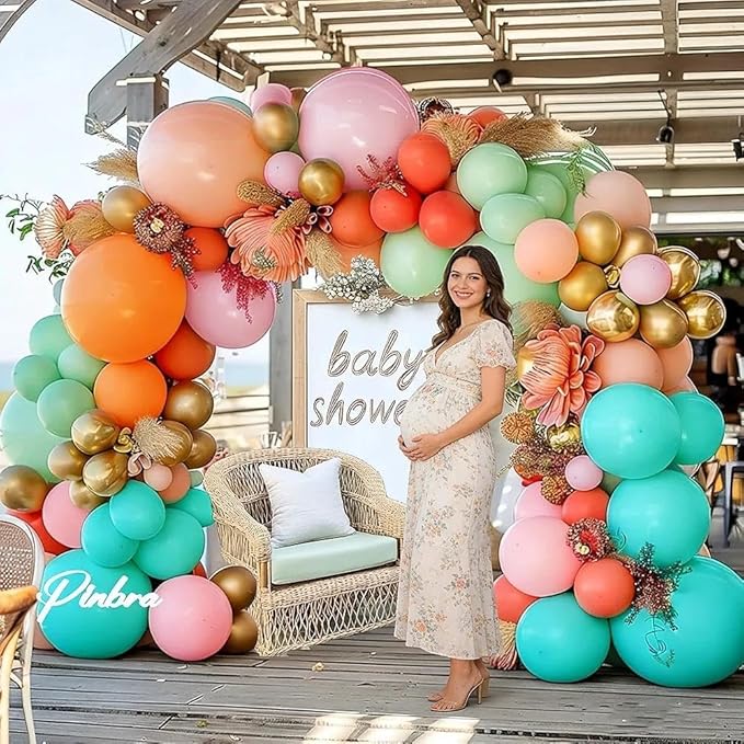 Pinbra Pastel Balloons Garland Kit Coral Pink Teal Blue Balloons Double Stuffed Light Green Orange Gold Metallic Latex Arch for Tropical Hawaii Luau Birthday Baby Shower Easter Party Decorations