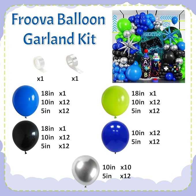 Video Game Balloon Arch Garland Kit, 125pcs Dark Blue and Green Black Silver Balloon with Royal Blue Silver Explosion Star Foil Balloons for Boys Gaming Night Birthday Baby Shower Party Decorations
