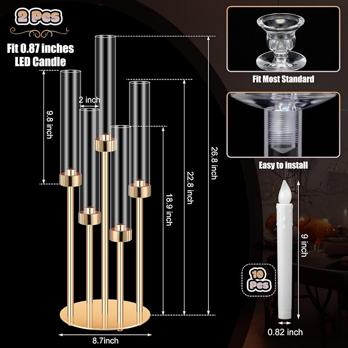 Tandefio 2 Set Gold Candelabra Centerpieces for Tables, 26.8 Inch 5 Arm Candle Holders with LED Candles and Acrylic Cylinders, Tall Acrylic Wedding Table Centerpieces for Reception Dinner Party Decor