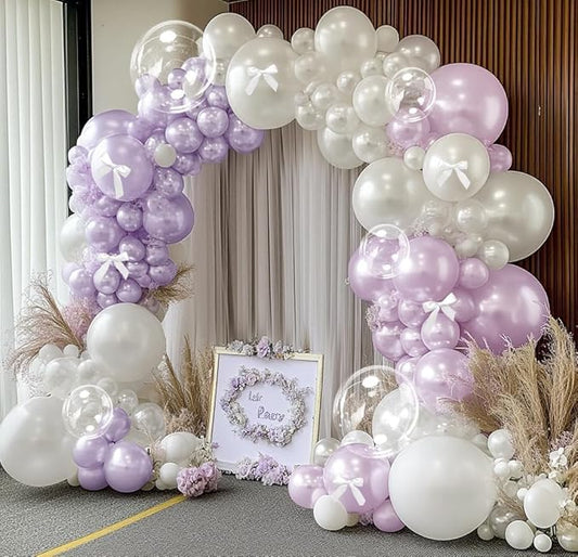 Purple White Balloon Garland Double Stuffed Pearl Pastel White Light Purple Lavender Lilac Balloons with Bow Clear Balloon Arch Kit for Wedding Bridal Baby Shower Birthday Butterfly Fairy Decor