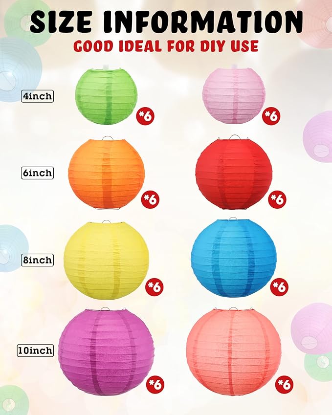 Treela 48 Pcs Paper Lanterns Party Decorations Chinese Round Paper Decor 4/6/8/10 Inch Asian Hanging Lamps Decorative for Graduate Wedding Birthday Party Bridal Parties Supplies(Multicolor)