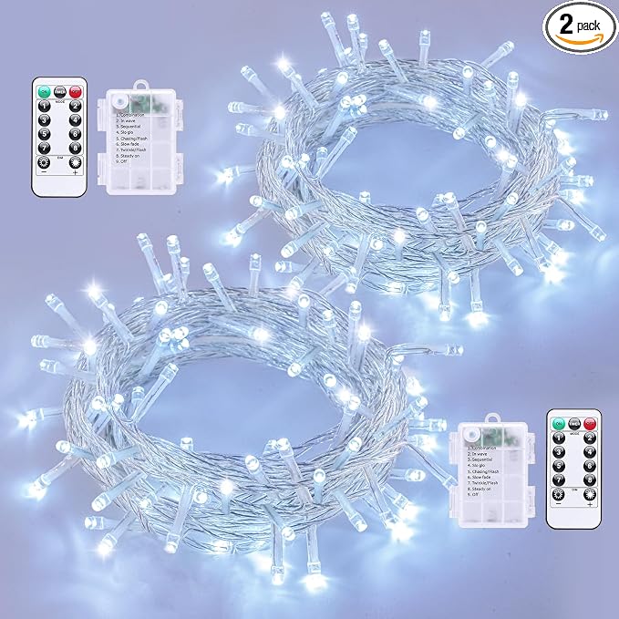 QITONG 2 Pack Battery Operated String Lights, Each 33ft 100 LED White Christmas Lights Outdoor Waterproof, 8 Modes Clear Wire Twinkle Fairy Lights Indoor with Remote