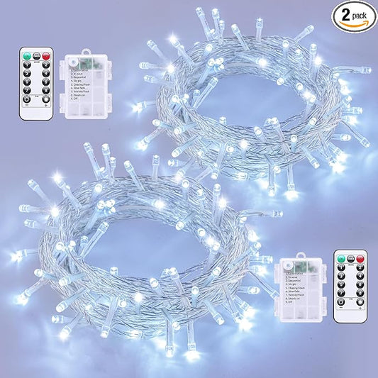QITONG 2 Pack Battery Operated String Lights, Each 33ft 100 LED White Christmas Lights Outdoor Waterproof, 8 Modes Clear Wire Twinkle Fairy Lights Indoor with Remote