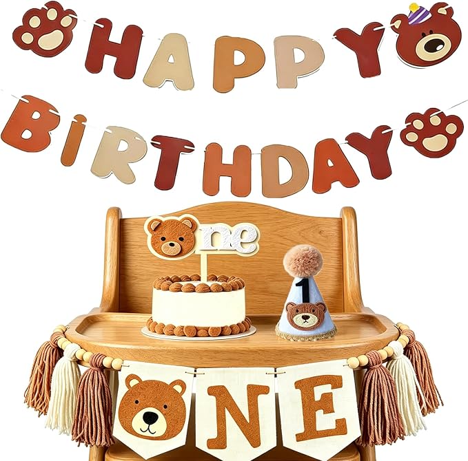 1st Birthday Decorations For Boy Girl - Bear Birthday Party Decorations With Felt Happy Birthday Banner, Birthday High Chair Banner, Cake Topper & Party Hat, First Birthday Decor Kit For Baby Shower