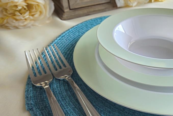 " OCCASIONS " 100 Plates Pack,(50 Guests) Heavyweight Wedding Party Disposable Plastic Plates -50x10.25'' Dinner +50x7.5'' Salad/Dessert (Rio Collection White & Pearled Green)