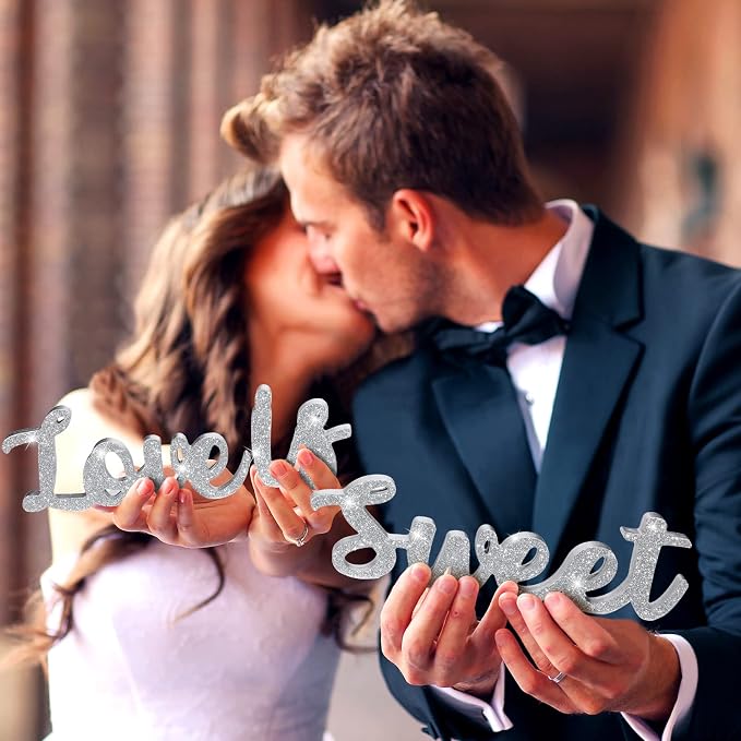 Love Is Sweet Table Decor Hollow Sign Wooden Love Is Sweet Sign for Dessert Table Freestanding Wood Is Wooden Letter Top for Wedding Shelf(Glitter Silver)