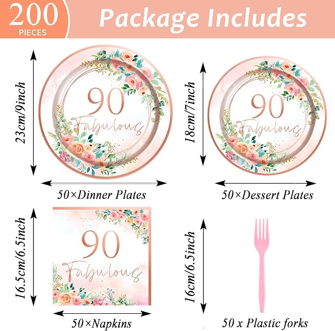 50 Guests 90th Party Decorations Plates Napkins Rose Gold Party Tableware Set Fabulous Party Supplies Women 90th Birthday Floral Paper Plates Napkins 200PCS