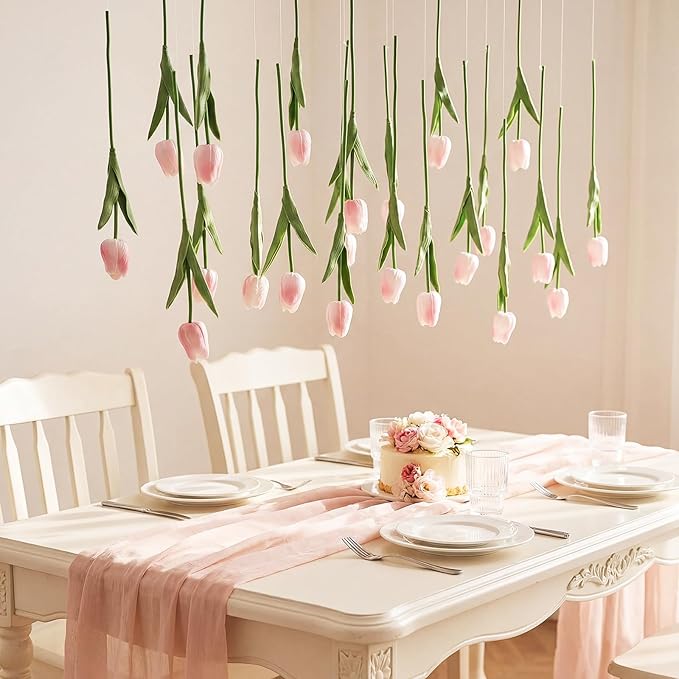 12 Pack Light Pink 5 ft Artificial Tulips Hanging Flower Garland Decorations Spring Summer Dangling Faux Tulip Floral Vine Strings with Hooks for Wall Ceiling Wedding Tea Party
