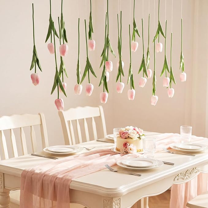 24 Pack Light Pink 5 ft Artificial Tulips Hanging Flower Garland Decorations Spring Summer Dangling Faux Tulip Floral Vine Strings with Hooks for Wall Ceiling Wedding Tea Party