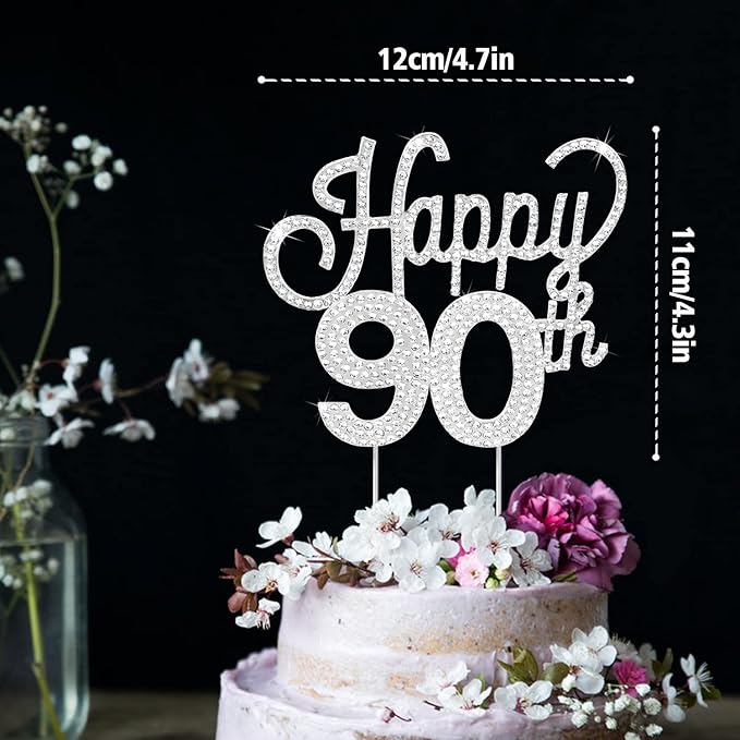 LINGTEER Happy 90th Birthday Silver Rhinestone Cake Topper - Cheers to 90th Birthday Ninety Years Old Anniversary Party Cake Centerpieces Topper Decorations Gift Sign.