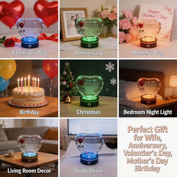 Anniversary and Birthday Gifts for Women Wife, Heart Shaped Crystal Keepsake with Rose and Love Letter Engraving, Color Changing LED Base,Romantic Christmas Valentine's Day Gifts for Wife from Husband (Red Rose - Multicolor LED)