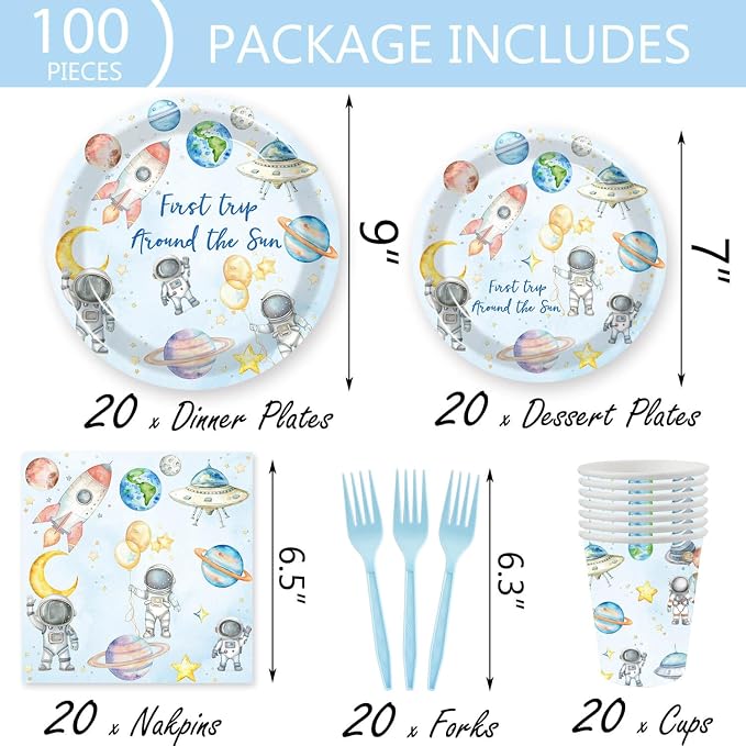 124pcs Space One Birthday Party Supplies Decorations - First Trip Around The Sun Plates Napkins Cups Forks Table Cloths Space Astronaut Banner Hanging Swirls for Boys 1st Birthday Decor(20 Guests)