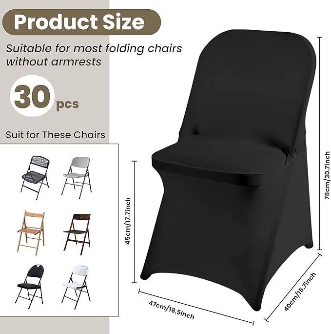 Folding Chair Covers 30 PCS Stretch Spandex Chair Covers Upgraded Universal Washable Fitted Chair Slipcovers Protector for Party, Wedding, Holidays, Banquet, Celebration (Black, 30 PCS)