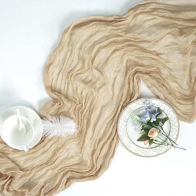8 Pack Beige Cheesecloth Table Runner 10ft Boho Gauze Fabric 120 Inch Cheese Cloth Table Runner Rustic Sheer for Holiday Baby Shower Party Décor Home Wedding Decoration