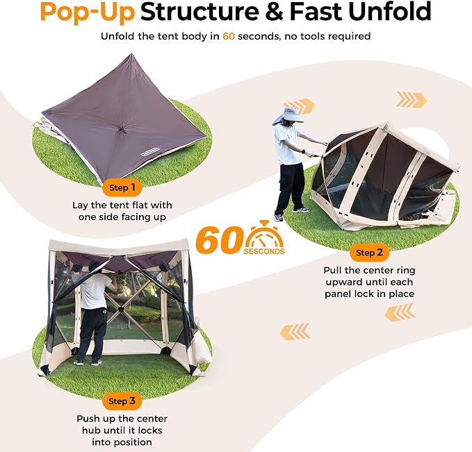 Tecoom 6x6ft 4-Sided Pop Up Gazebo Tent, Canopy Shelter Tent with Mesh Windows for Camping, Portable Shade Tents with Siedwalls, Carrying Bag and Stakes for Outdoor, Garden, Lawn, and Backyard