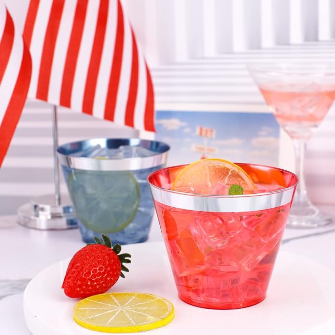 LIYH 100 Pcs 9 oz Red and Blue Disposable Plastic Patriotic Cups, 4th of July Plastic Wine Glasses for Celebrate, 4th of July Disposable Party Cups for Independence Day 50 Each