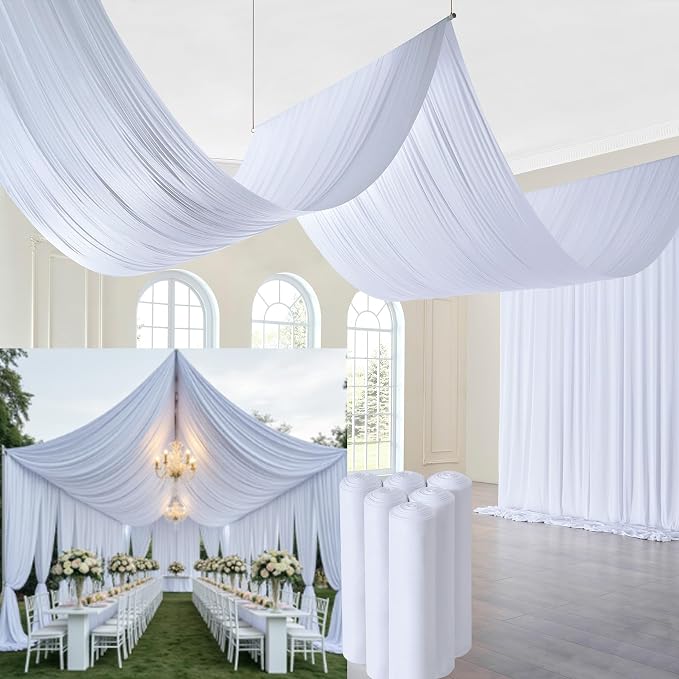 6 Panels 5x20ft White Ceiling Drapes for Wedding Parties, Wrinkle Free Thick Polyester Canopy Tent Draping Fabric Curtains Arch Drapery for Birthday Graduation Event Venue Decoration