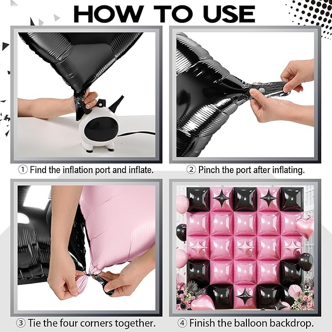 32PCS Pink and Black Square Foil Balloons, Double Sided Light Pink and Metallic Black Square Balloon Backdrop Wall with Star Foil Balloons Flat Tunnel Background for Girls Queen Birthdays Bachelorette