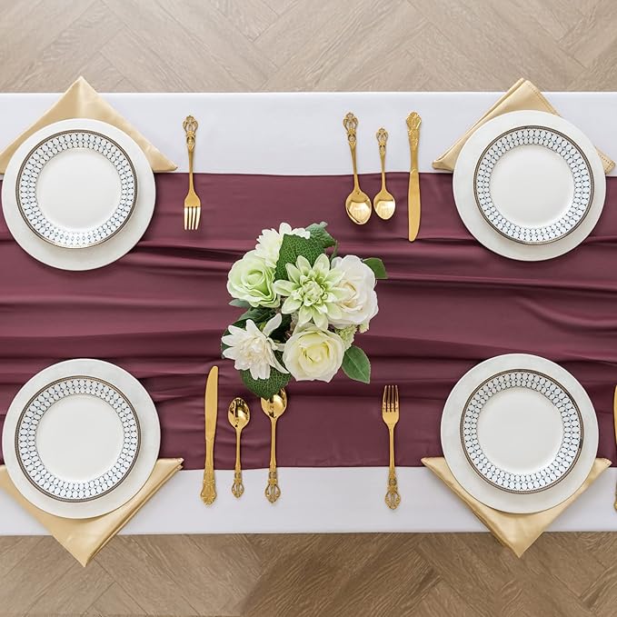 6Pack 9ft Christmas Chiffon Table Runner 14x108 Inch Sheer Romantic Table Runner for Wedding Birthday Party Bridal Shower Outdoor Decoration -Burgundy