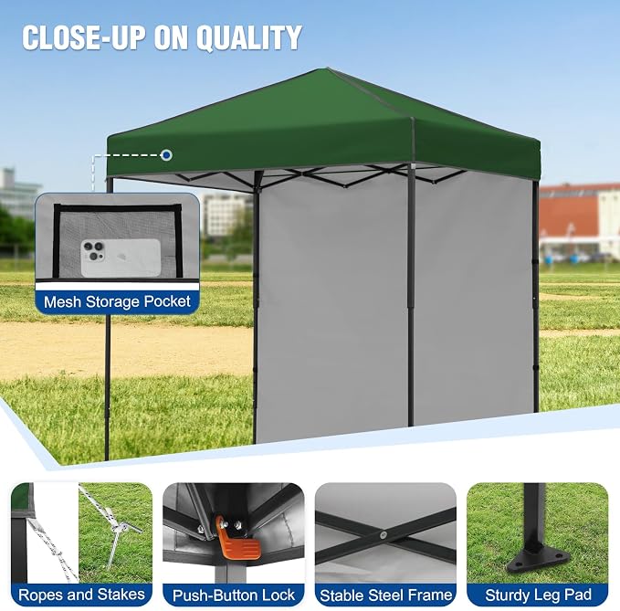 6x4 Pop Up Canopy Tent with One Wall Panel, Instant Portable Beach Canopy, Outdoor Tent with Carry Bag for Camping, Sports, Tailgating, Events, Green