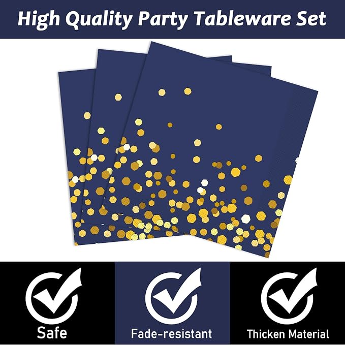 gisgfim 50 Guests Blue and Gold Party Supplies Decorations Tableware Set Blue and Gold Paper Plates Napkins Disposable Plates Graduation Tableware for Men Women Happy Birthday Party Decorations 200PCS